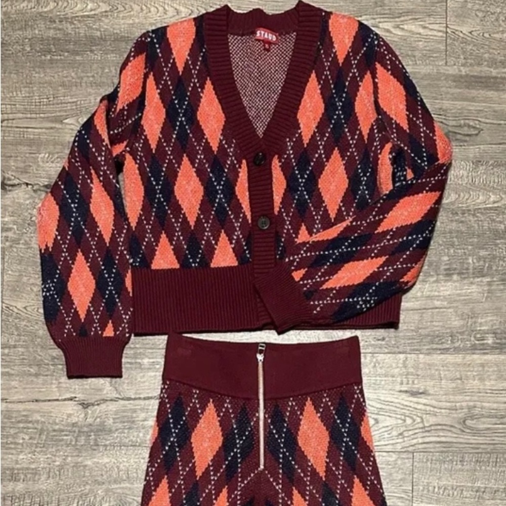 STAUD KNAVE ARGYLE OUTFIT SET WOOL PANTS AND V-NECK TOP CARDIGAN SIZE XS